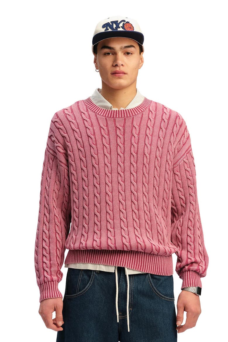 Men's Washed Box Fit Crew Knit, Main, color, Washed Berry Cable