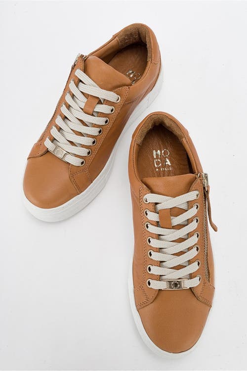 Forever & Always Shoes Beryl Leather Zip Sneaker In Cognac Brown Leather