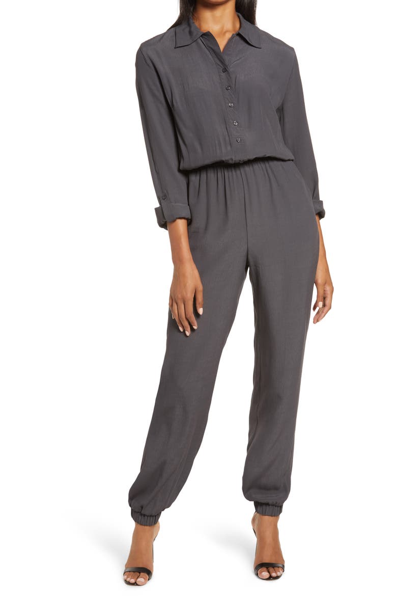 Long Sleeve Button Front Jumpsuit, Main, color, CHARCOAL