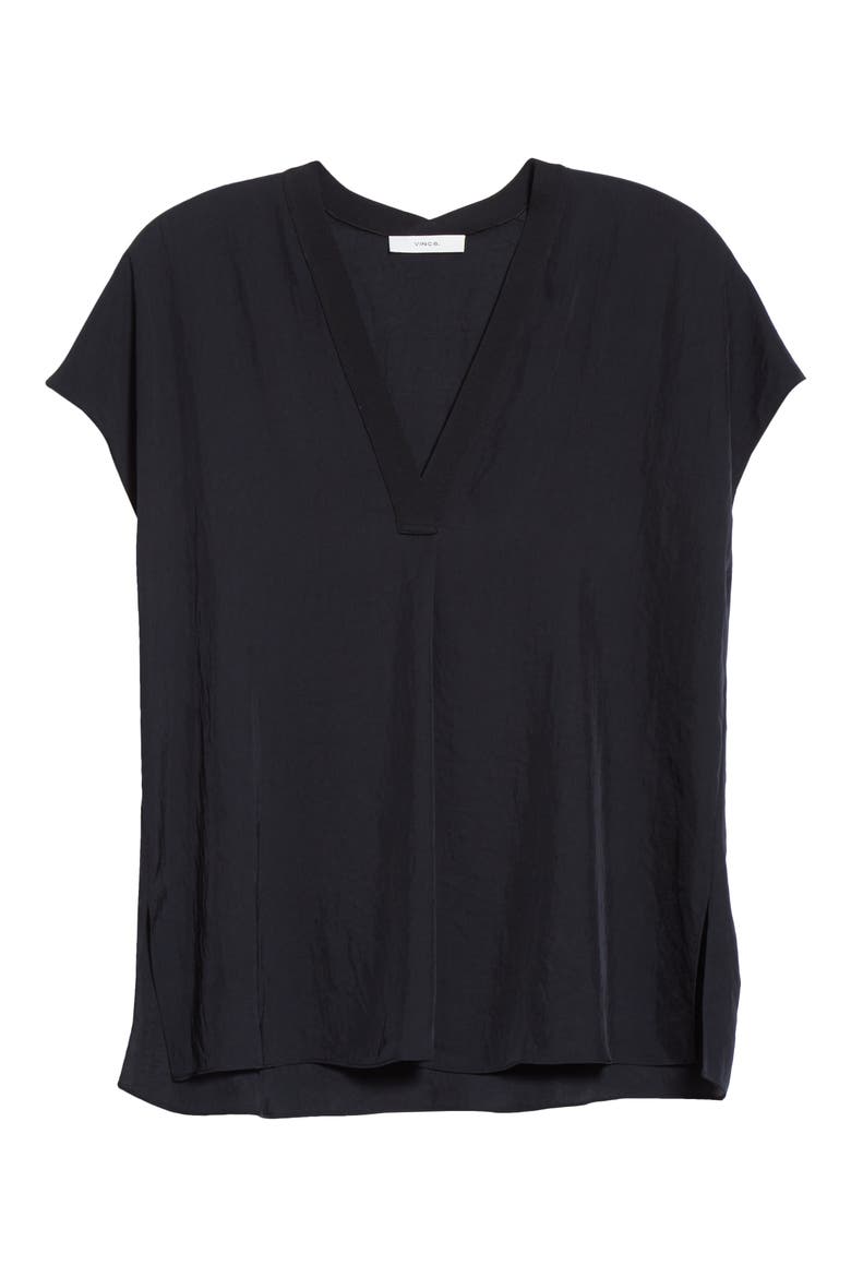 Rib Trim V-Neck Top, Alternate, color, BLACK
