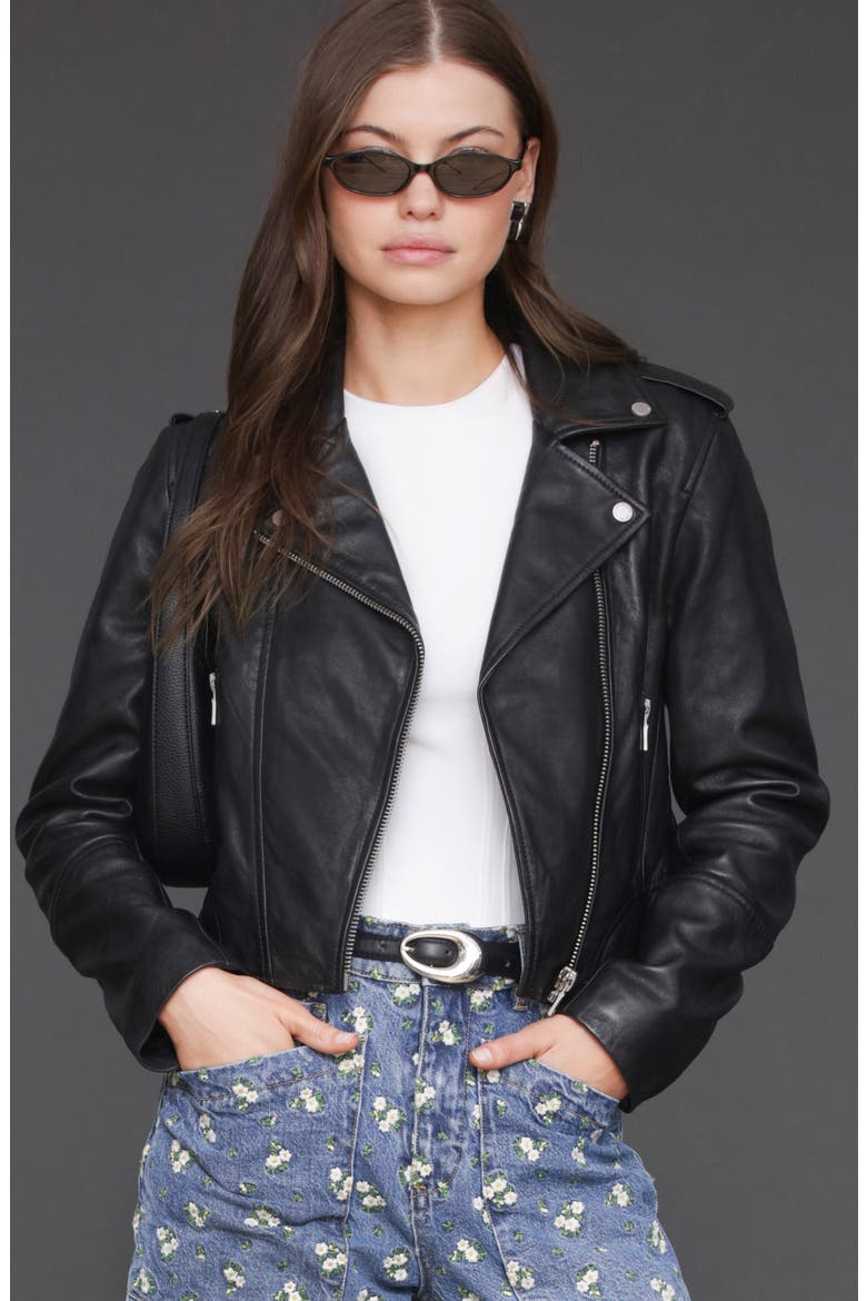 Leather Biker Jacket, Alternate, color, BLACK