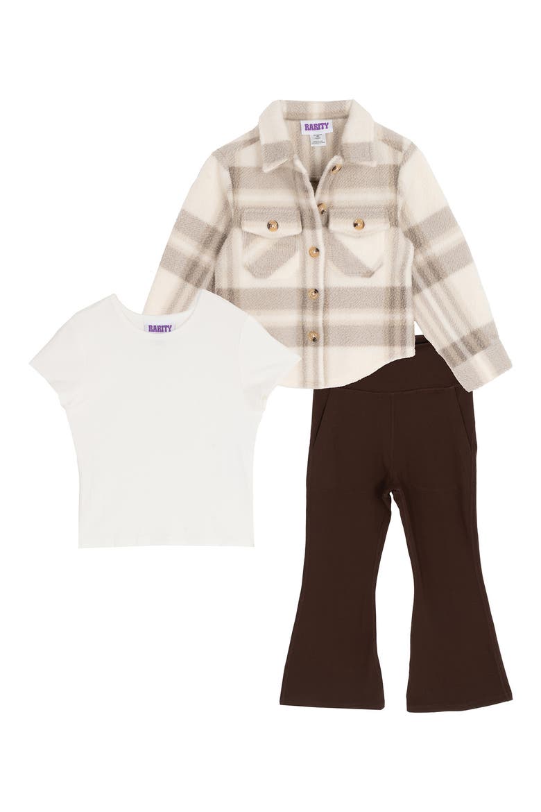 Kids' Plaid Fleece Shacket, T-Shirt & Flared Leggings Set, Main, color, BEIGE