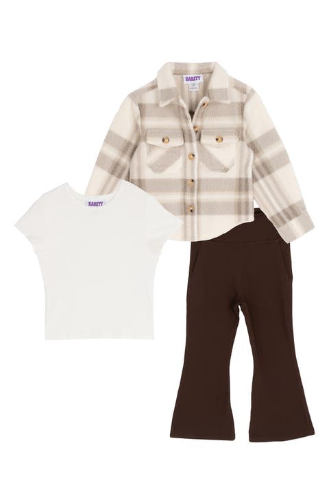 Kids' Plaid Fleece Shacket, T-Shirt & Flared Leggings Set (Little Kid)