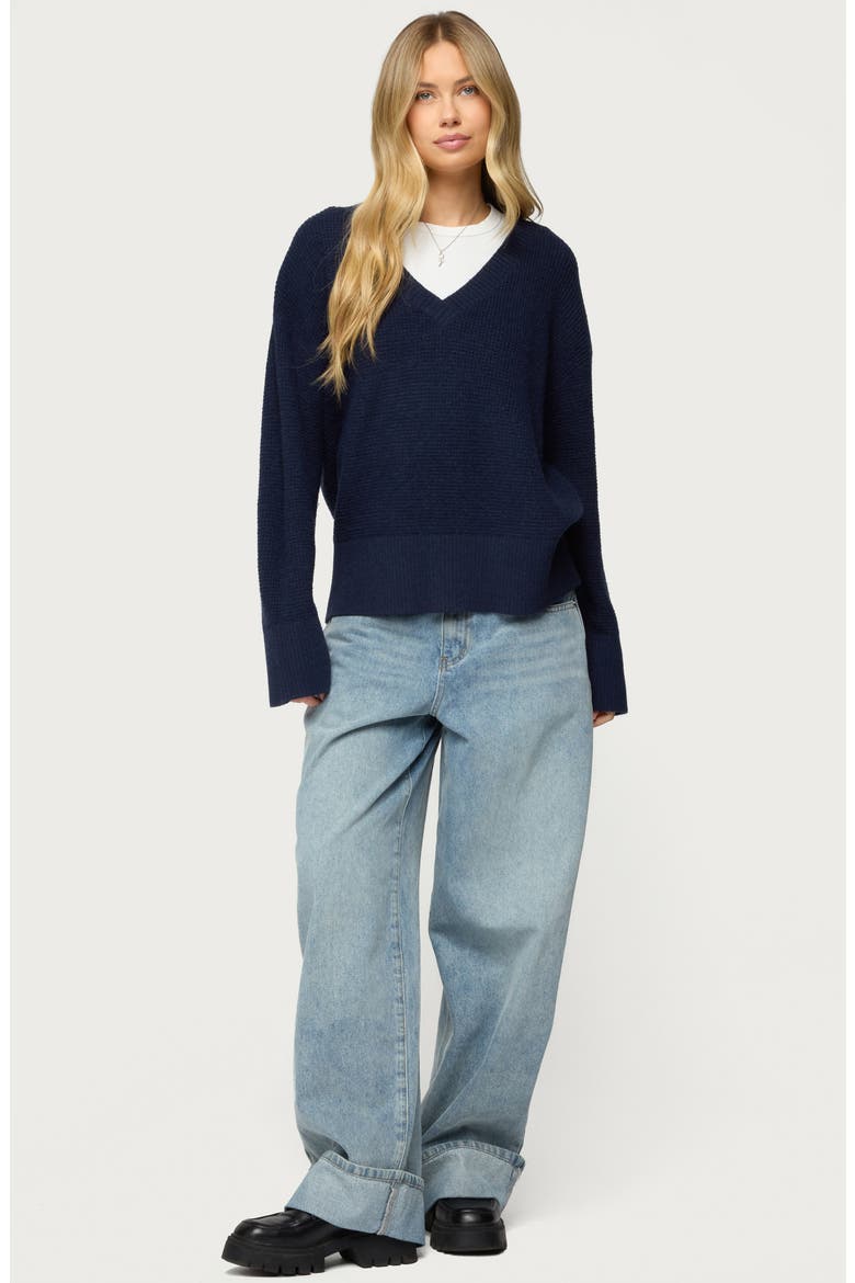 Bluebell Oversize V-Neck Waffle Knit Sweater, Alternate, color, NAVY