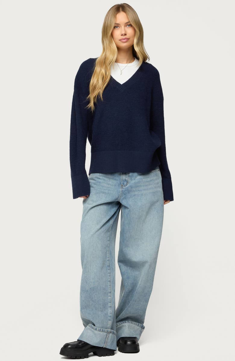 EDIKTED Bluebell Oversize V-Neck Waffle Knit Sweater, Alternate, color, Navy