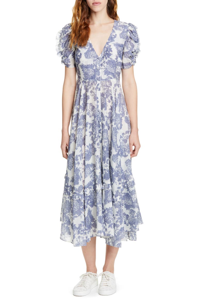 Andie Floral Cotton & Silk Midi Dress, Main, color, SEA