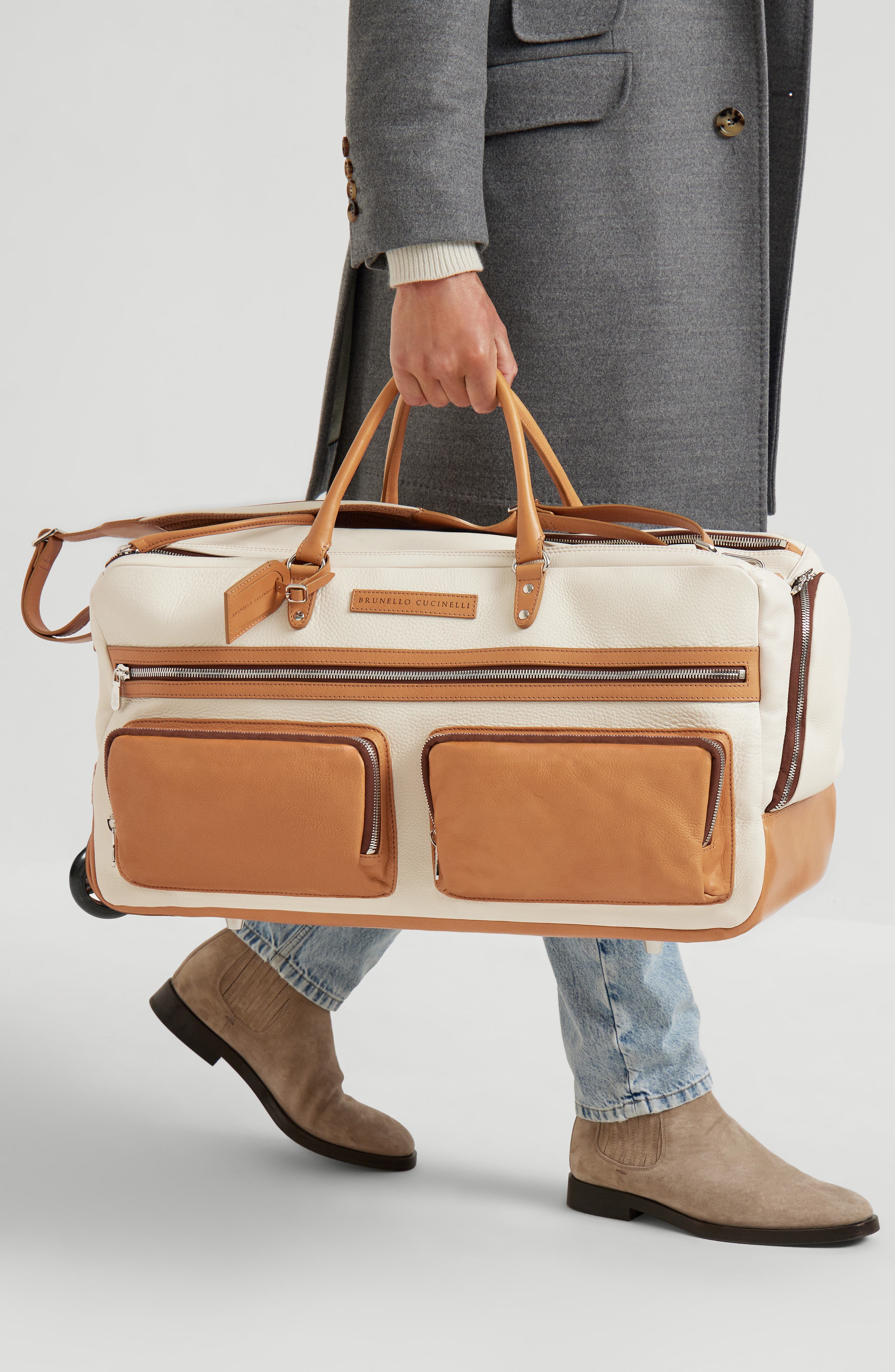 Brunello Cucinelli Grained calfskin trolley bag, Alternate, color, Ivory