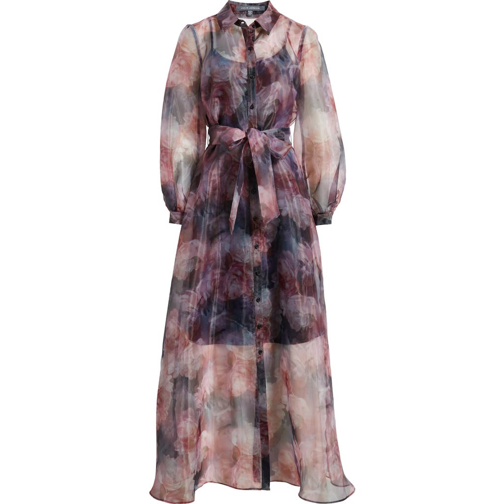 Julia Jordan Floral Chiffon Button-up Gown In Brown