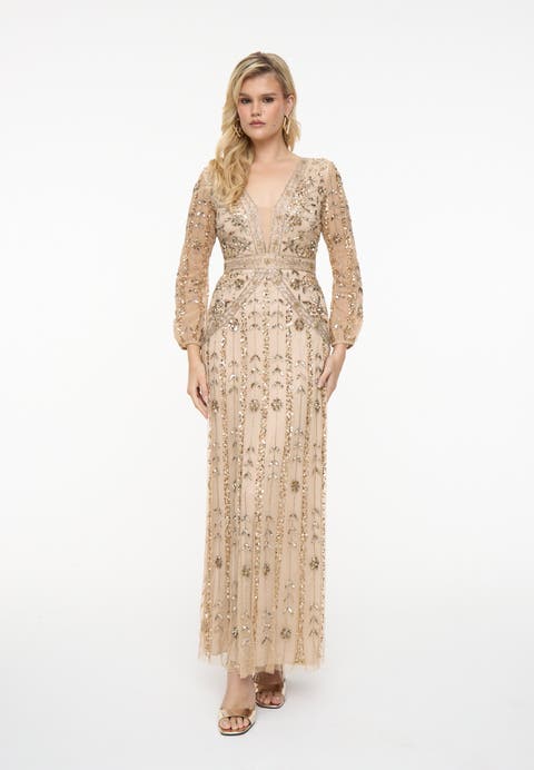 Embellished Sequin Beaded Maxi Dress With Designer Sleeves