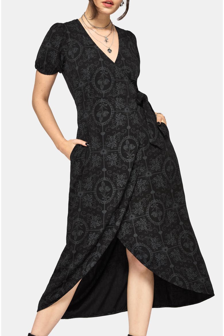 Cameo Floral Printed Wrap Dress, Alternate, color, Black