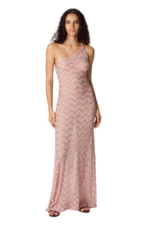 One-shoulder Dress In Lamé Viscose With Foliage Motif