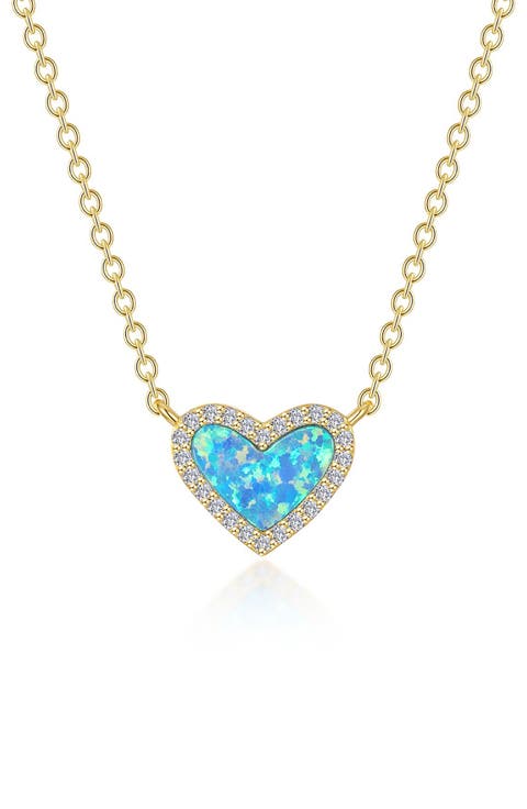 Simulated Blue Opal & Simulated Diamond Heart Pendant Necklace