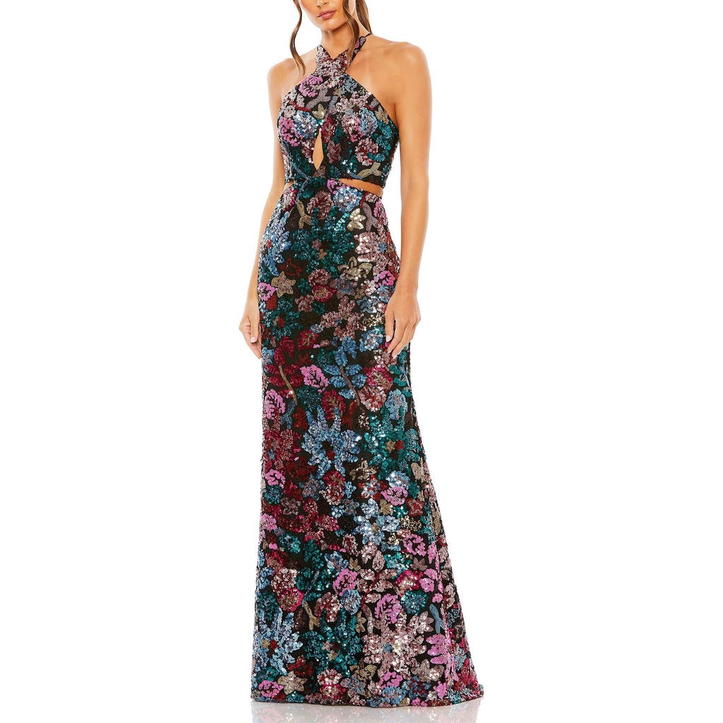 Mac Duggal Sequin Embellished Crossover Halter Neck Gown In Black Multi