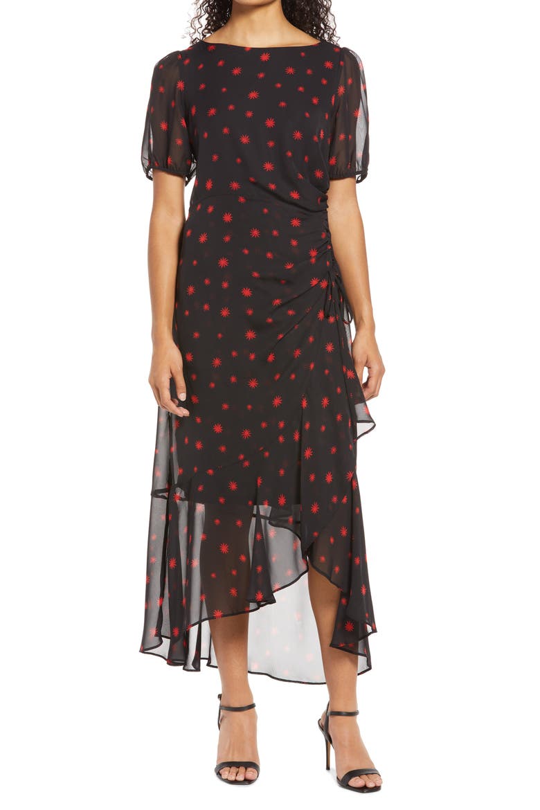 Ruched High-Low Midi Dress, Main, color, BLACK/MULT