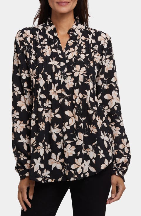 Pleated Yoke Long Sleeve Peasant Blouse