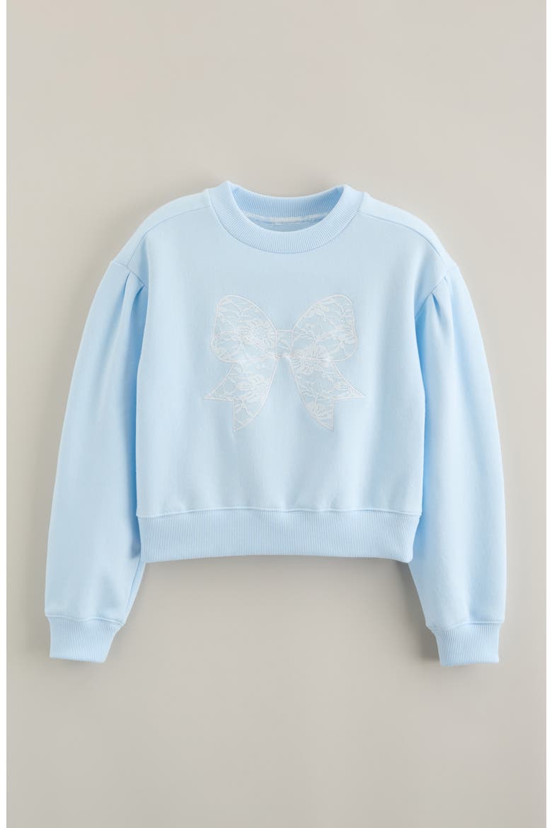 Kids' Pretty Lace Appliqué Sweatshirt, Main, color, BLUE DIAMOND LACE BOW