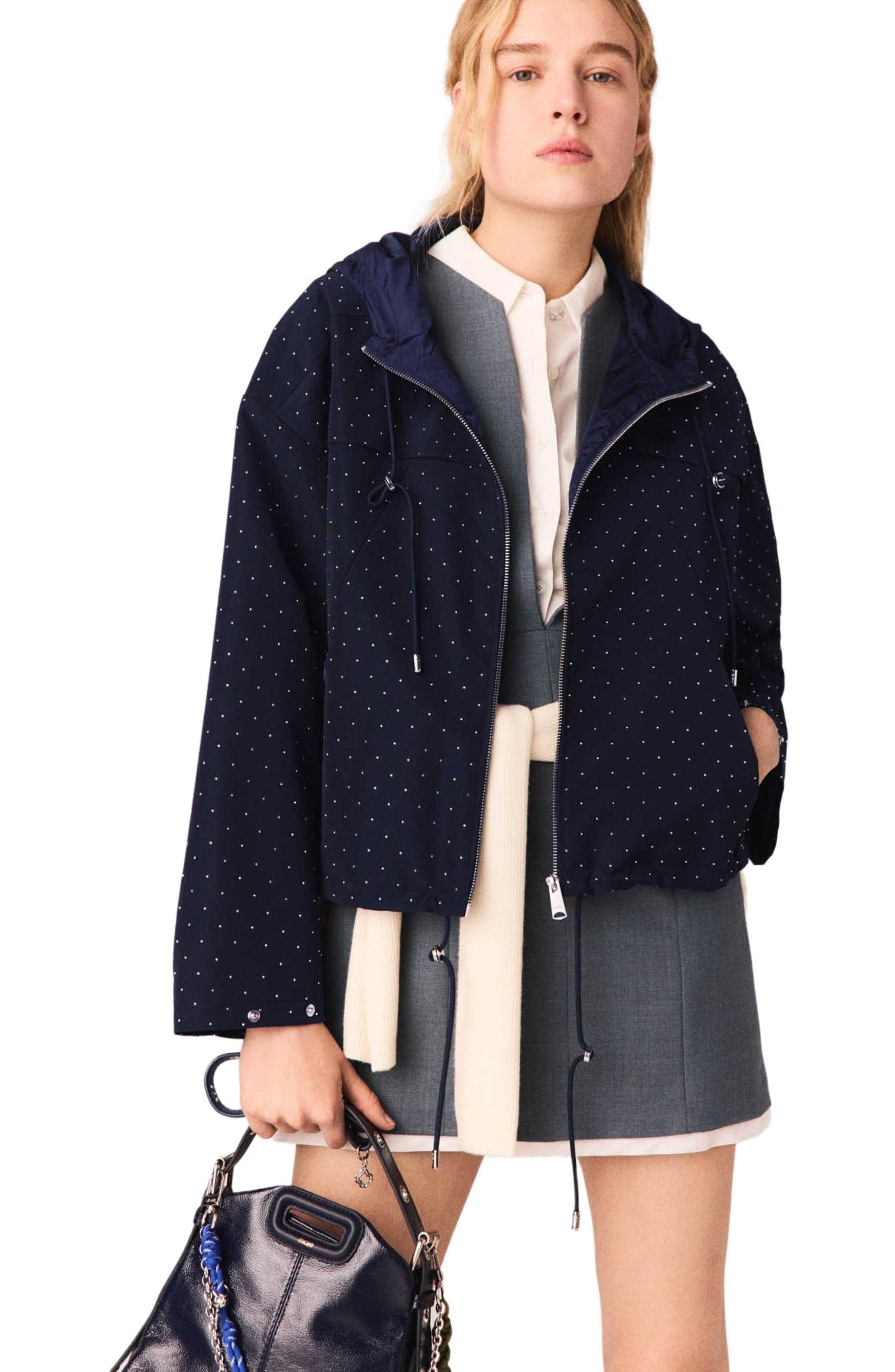 Hooded windbreaker with rhinestones