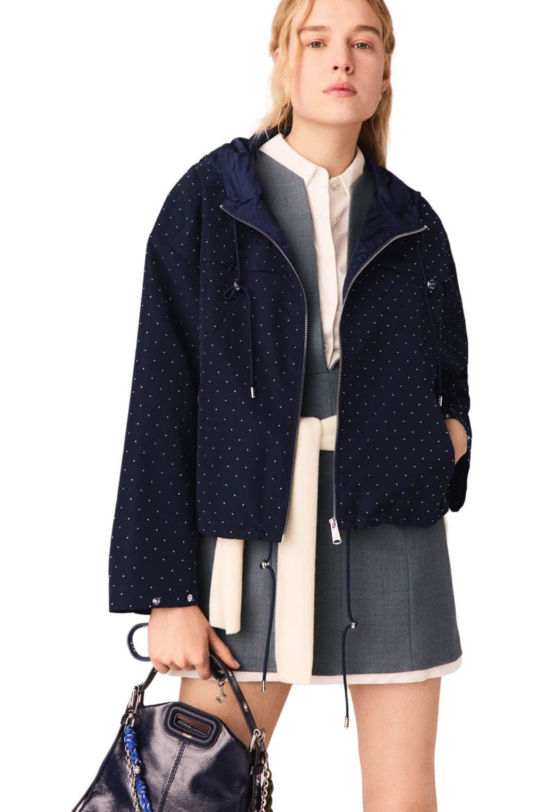 Hooded windbreaker with rhinestones, Main, color, Navy