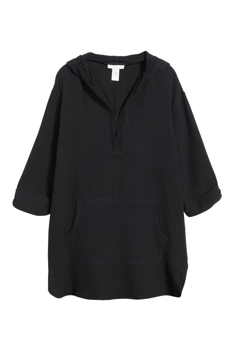 Hooded Cotton Gauze Cover-Up Tunic, Alternate, color, BLACK