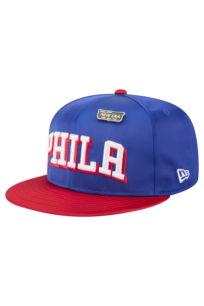 Men's New Era  Royal/Red Philadelphia 76ers Throwback Satin Vintage Pin Two-Tone 59FIFTY Fitted Hat, Alternate, color, Royal