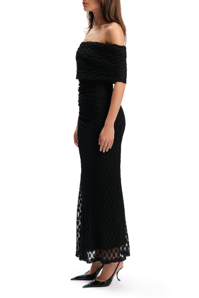 Calia Lace Velour Off the Shoulder Maxi Dress, Alternate, color, BLACK