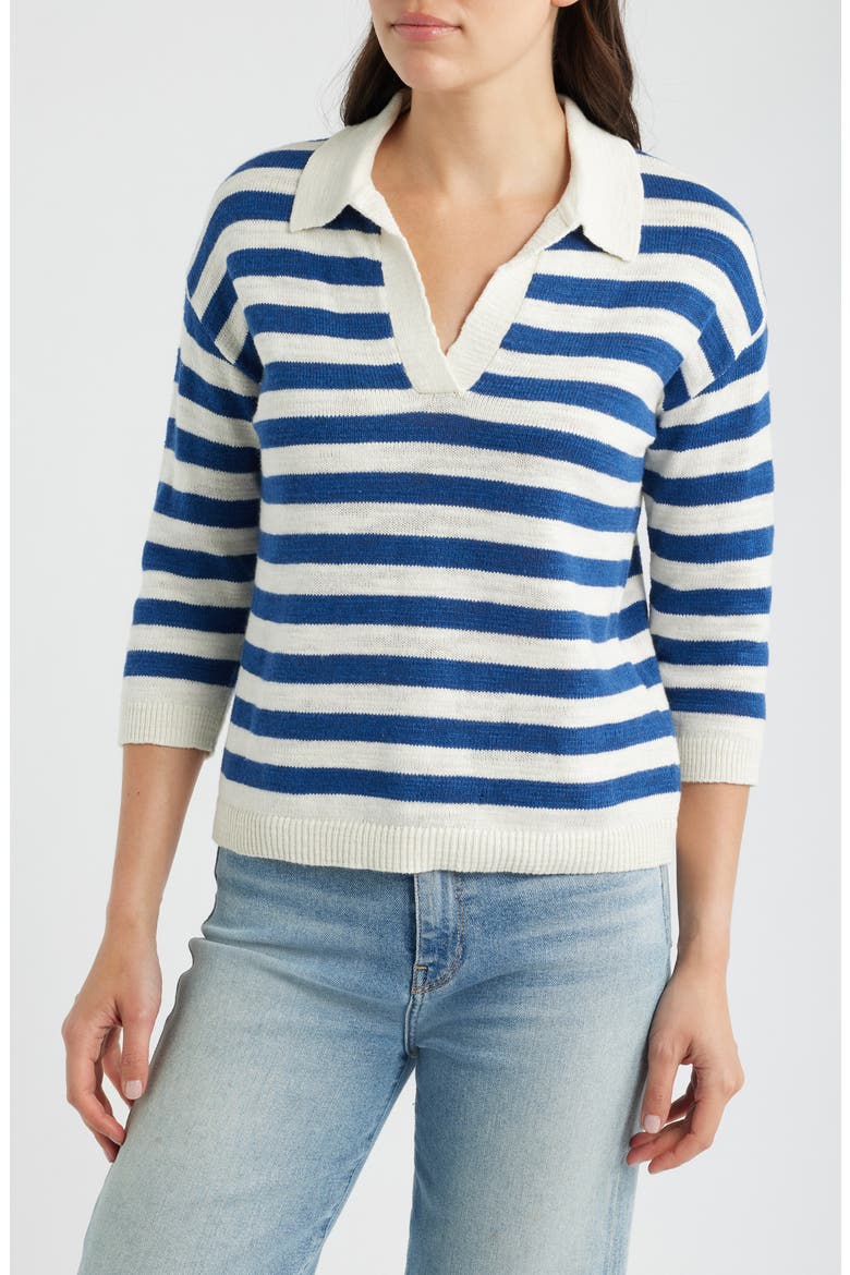 Gwynver Stripe Johnny Collar Sweater, Main, color, KNIT CORNISH DARK VOYAGE CHALK