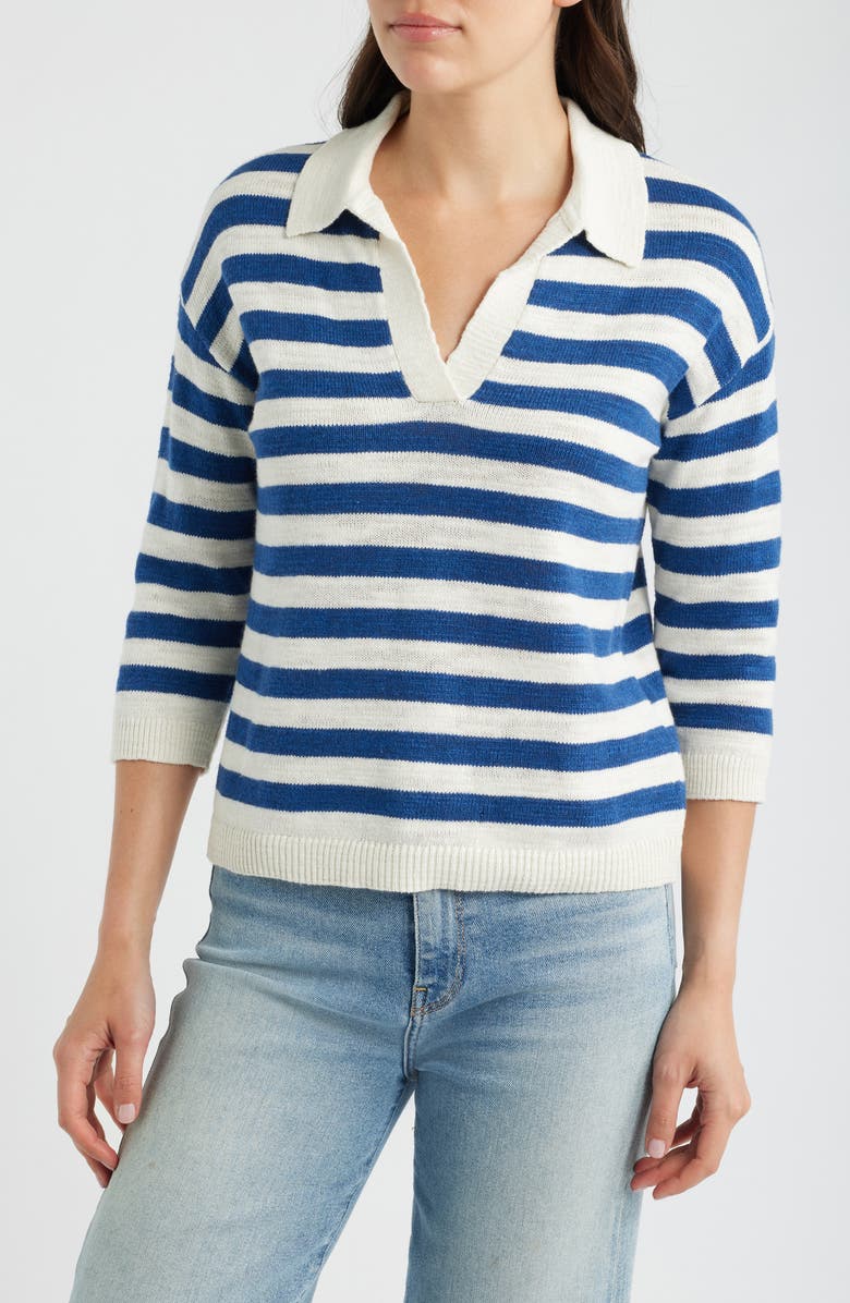 Seasalt Cornwall Gwynver Stripe Johnny Collar Sweater, Main, color, Knit Cornish Dark Voyage Chalk