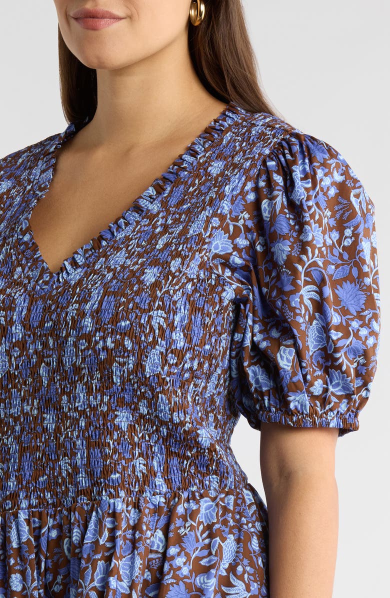 SUGARLIPS Bruceton Floral Print Smocked Dress, Alternate, color, Brown-Blue
