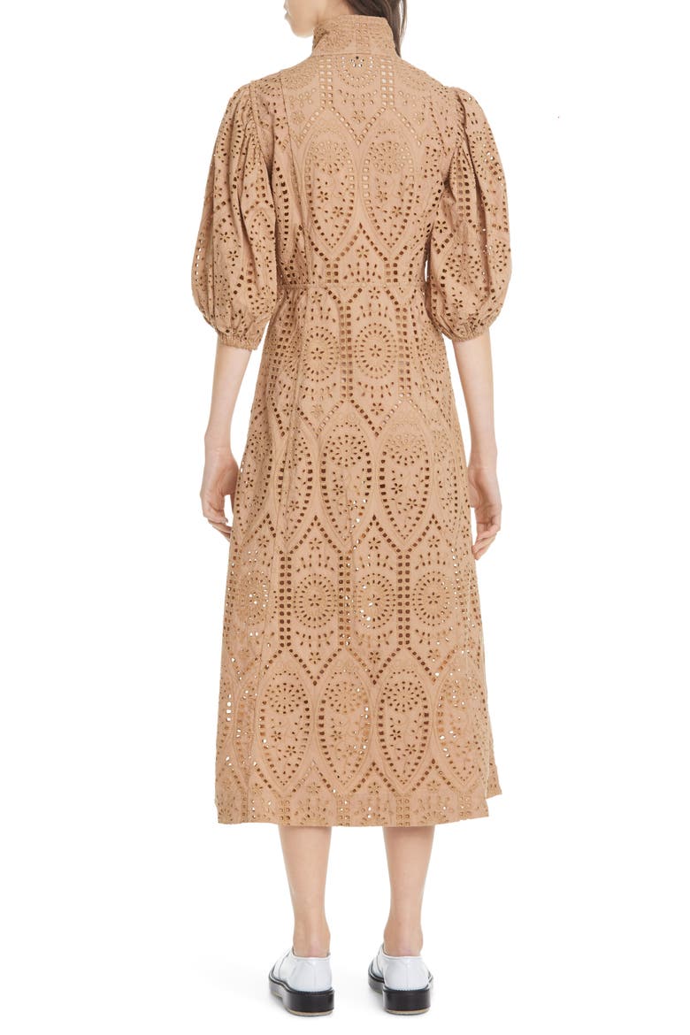Puff Sleeve Broderie Anglaise Cotton Midi Dress, Alternate, color, TANNIN 185