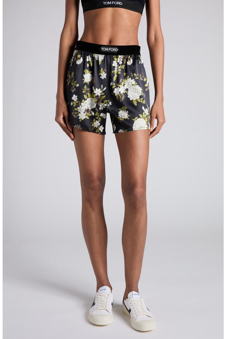Hendrix Floral Stretch Silk Satin Pajama Shorts, Main, color, OFF WHITE BLACK