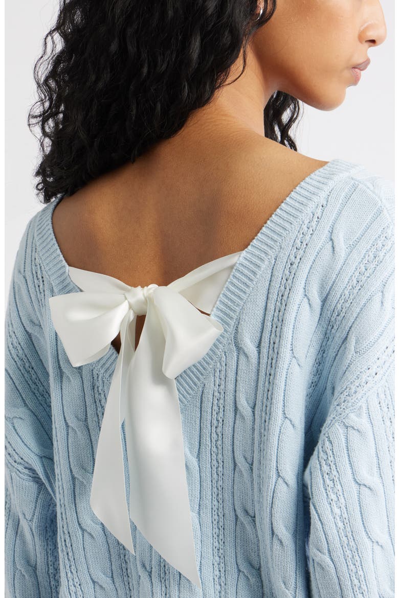 Bow Back Cable Knit Sweater, Alternate, color, BLUE- IVORY SATIN BOW