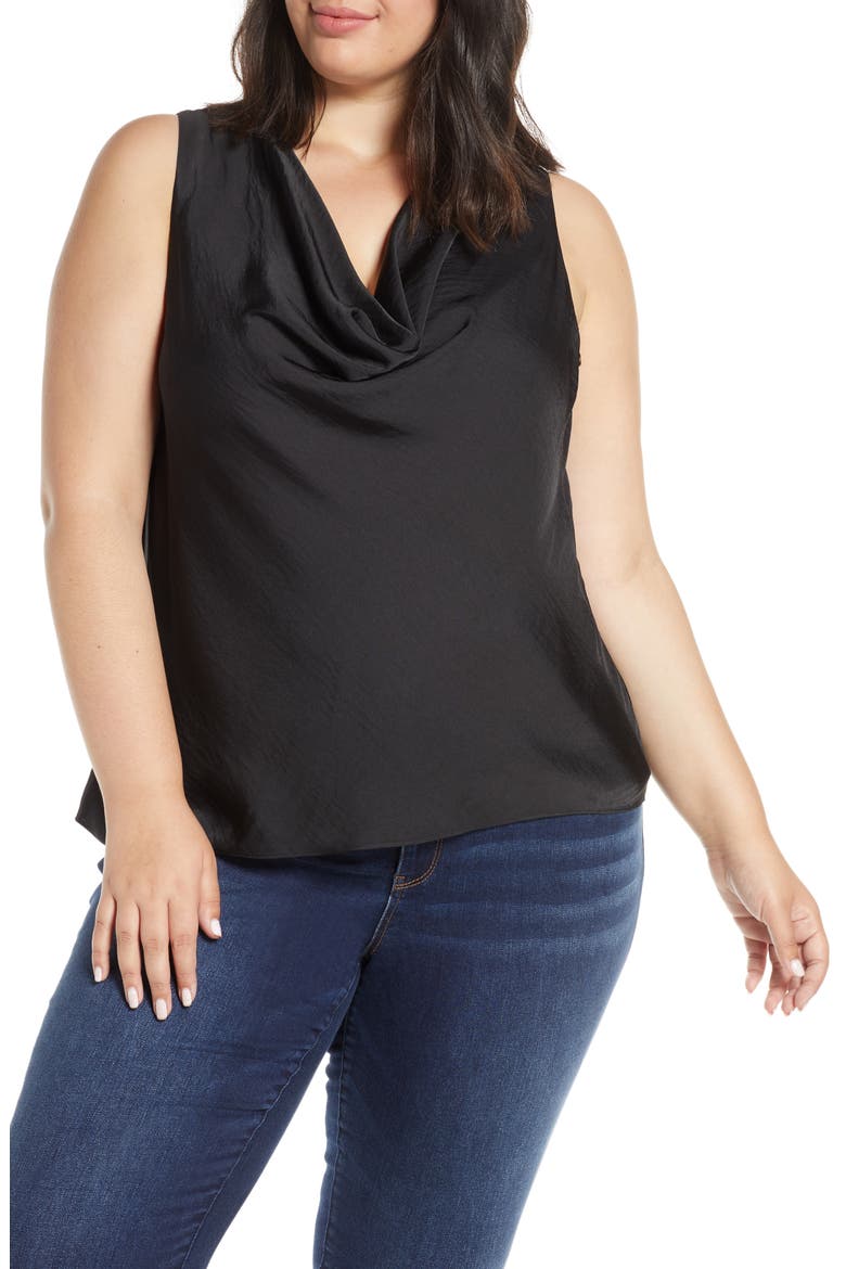 Cowl Neck Rumple Satin Sleeveless Blouse, Main, color, 060-RICH BLACK