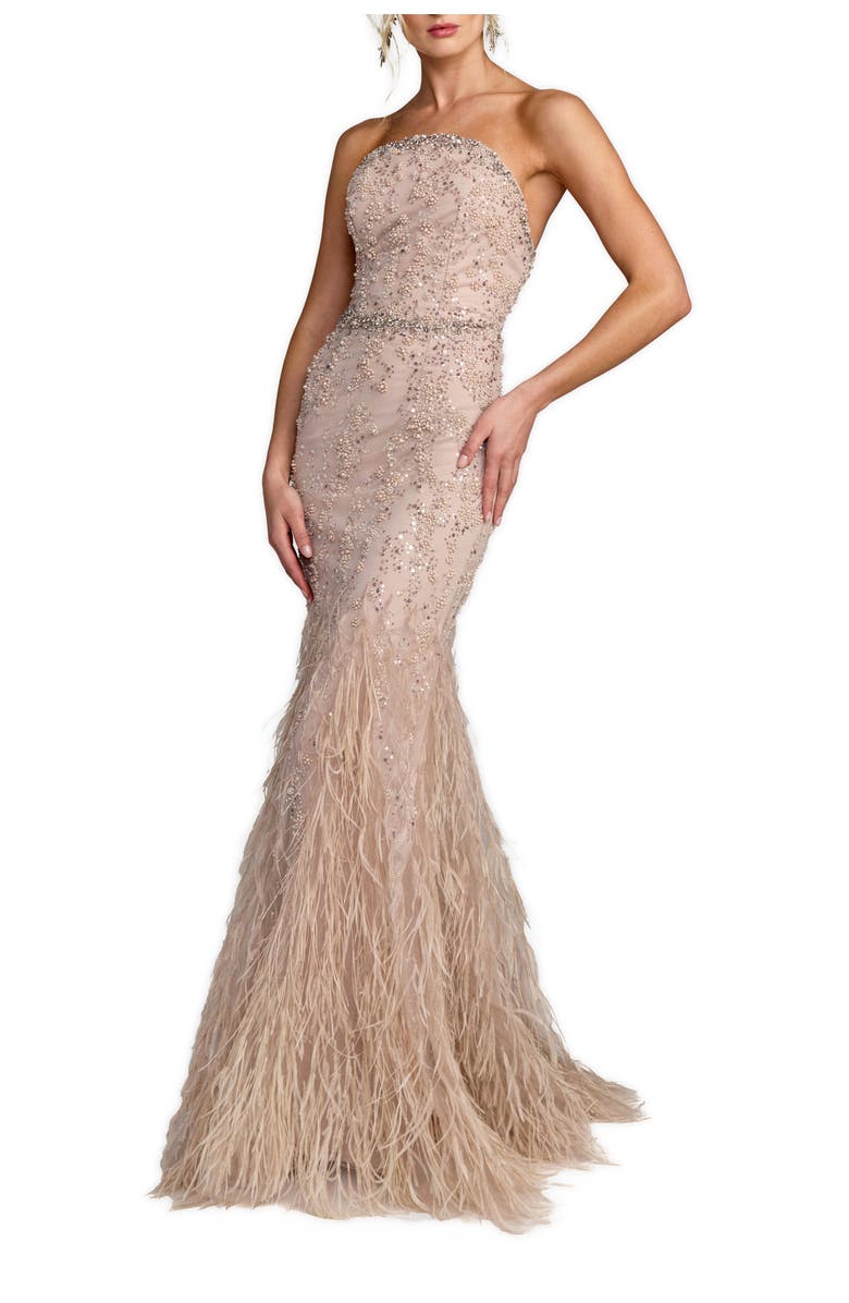 Mac Duggal Strapless Beaded Net Trumpet Gown With Feathers, Main, color, Champagne
