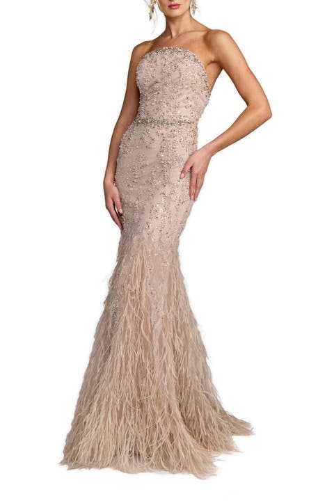 Strapless Beaded Net Trumpet Gown With Feathers