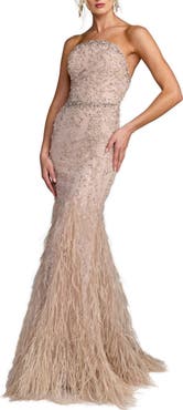 Mac Duggal Strapless Beaded Net Trumpet Gown With Feathers