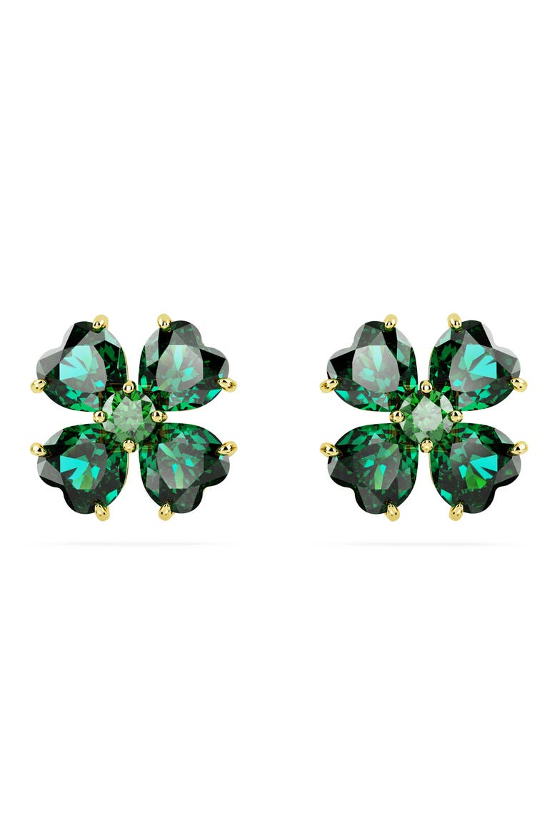 Idyllia Mixed Cut Crystal Clover Stud Earrings, Main, color, GREEN