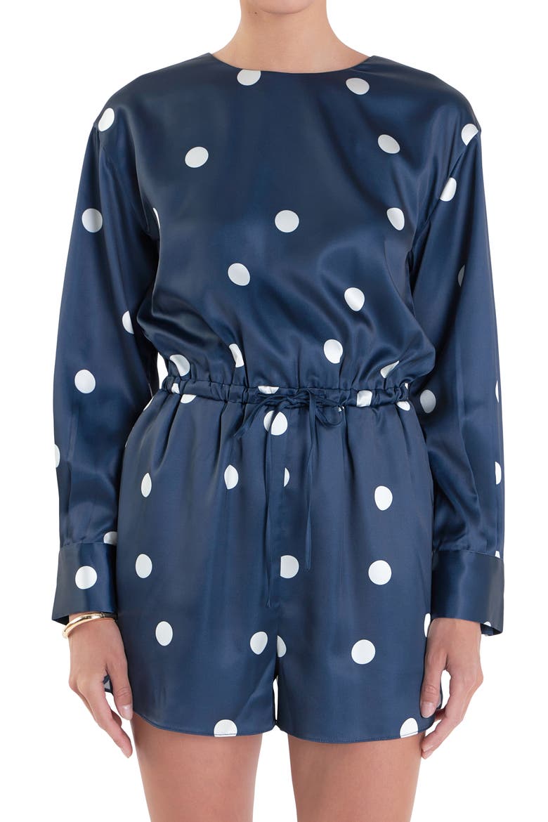 Polka Dot Long Sleeve Satin Romper, Alternate, color, DARK NAVY/ OFF WHITE