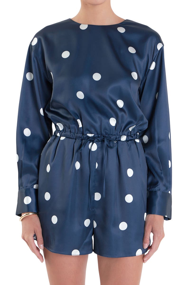 English Factory Polka Dot Long Sleeve Satin Romper, Alternate, color, Dark Navy/ Off White