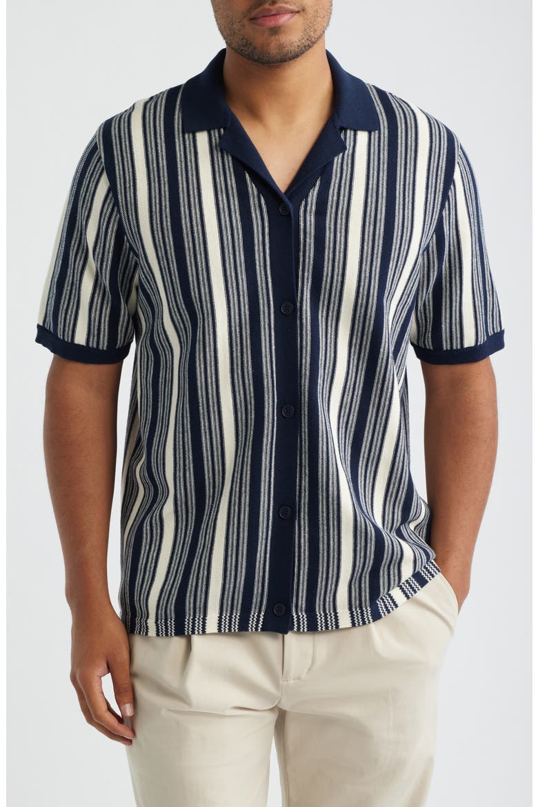 Ivy Stripe Knit Camp Shirt, Main, color, NAVY / ECRU