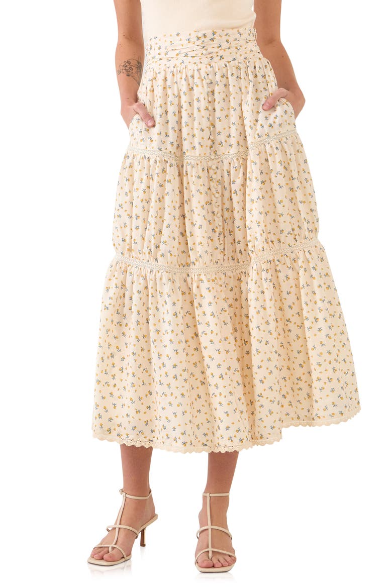 Tiered Floral Maxi Skirt, Main, color, YELLOW