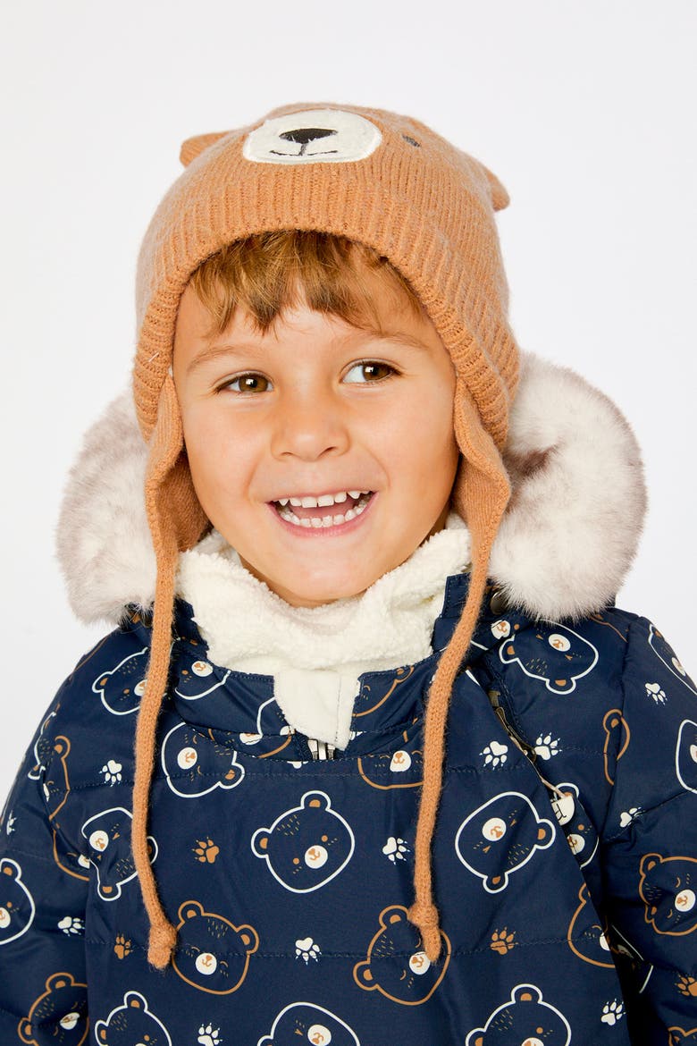 Bear Face Fleece Lined Ear Flap Winter Knit Hat, Alternate, color, Brown Sugar