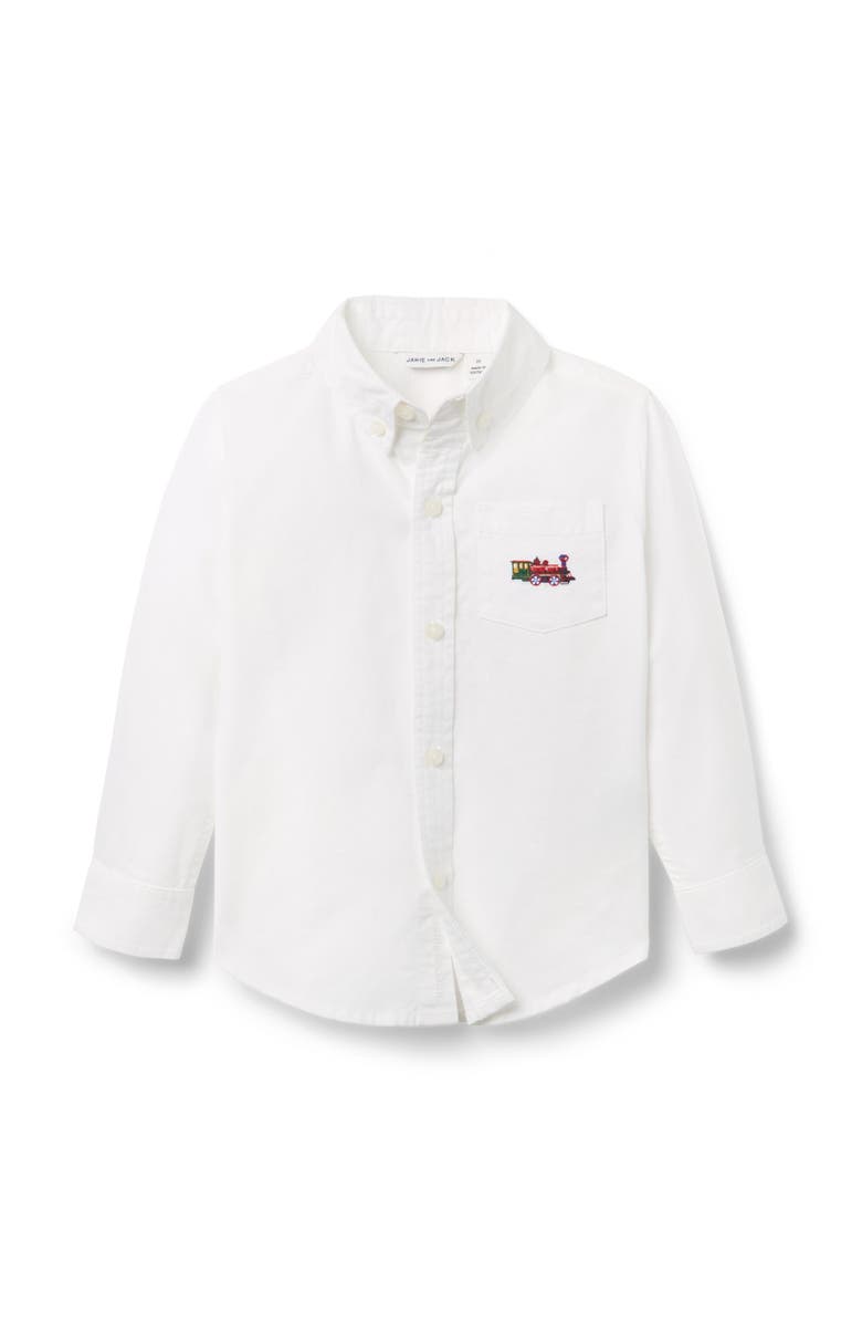 Janie and Jack The Oxford Icon Embroidered Train Holiday Shirt, Main, color, White