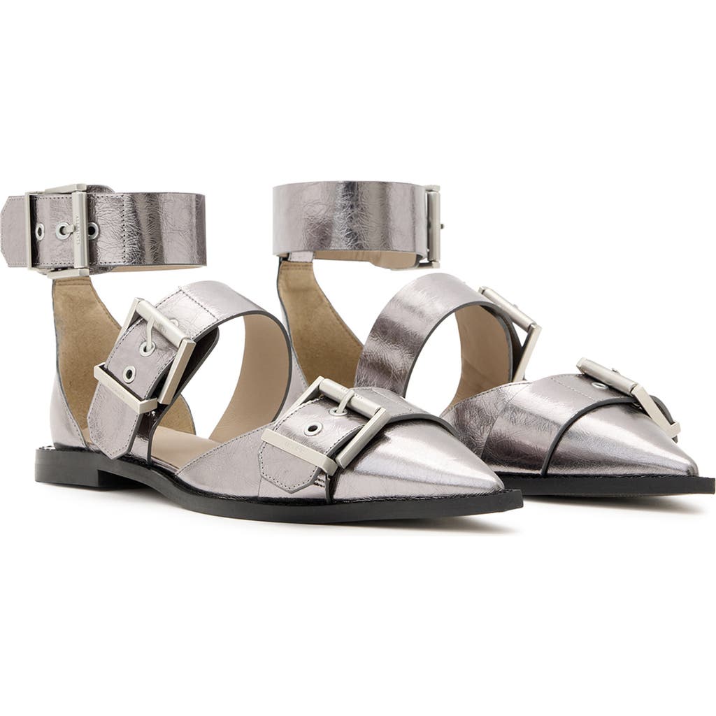Allsaints Sutton Metallic Pointed Toe Flat In Gunmetal Grey