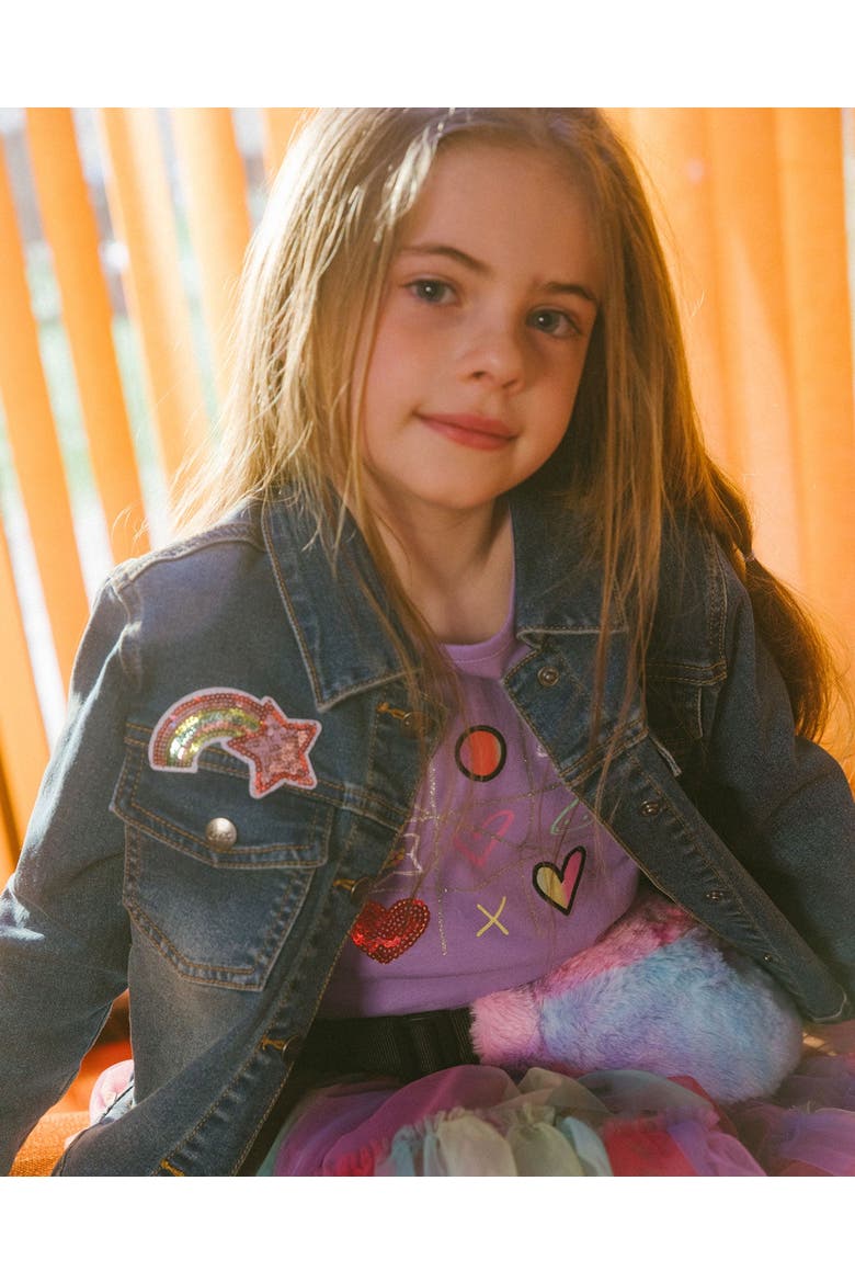 Little Girl's Denim Jacket With Embroidery Patch, Alternate, color, Navy Denim