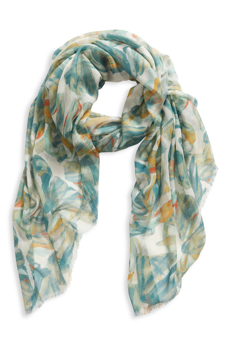 Print Modal & Silk Scarf, Alternate, color, GREEN FLUTTER ABSTRACT