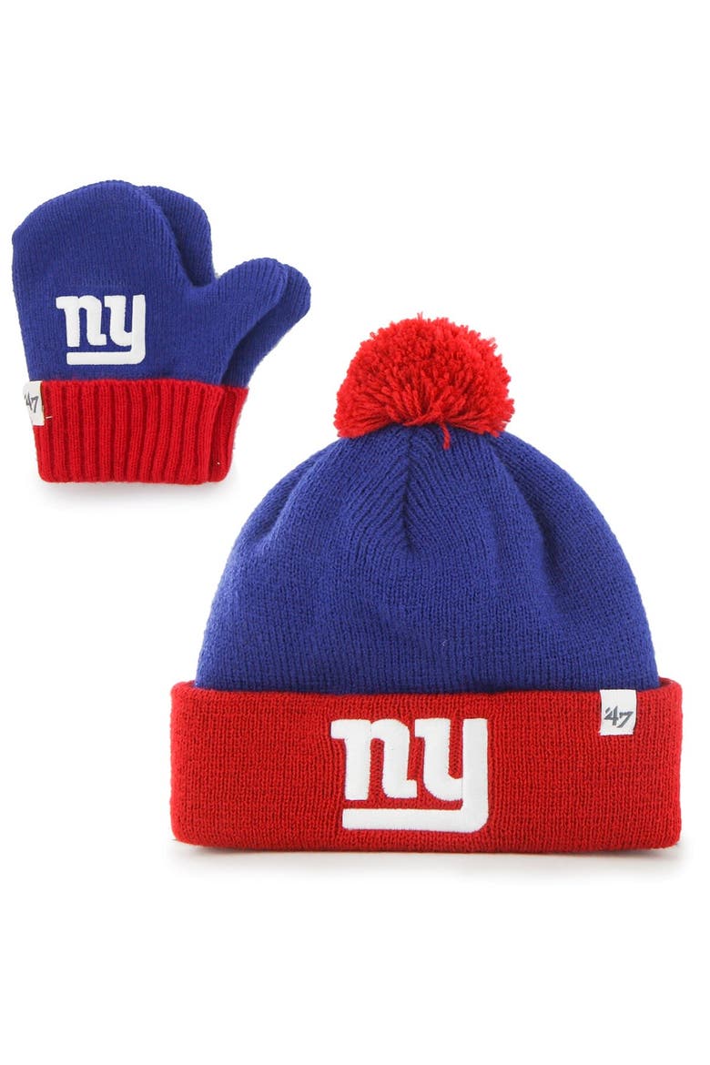 Toddler '47 Royal/Red New York Giants Bam Bam Cuffed Knit Hat with Pom and Mittens Set, Main, color, Royal