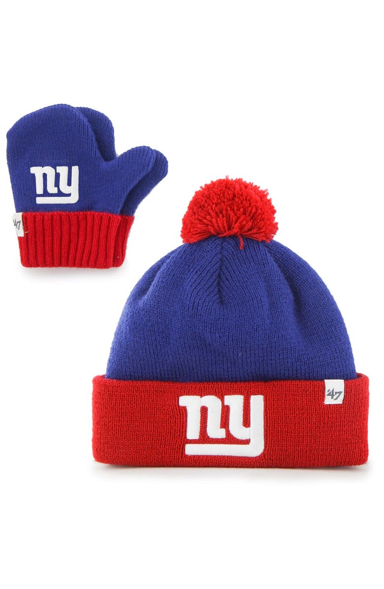 '47 Toddler '47 Royal/Red New York Giants Bam Bam Cuffed Knit Hat with Pom and Mittens Set, Main, color, Royal