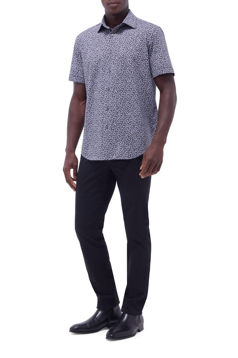 Miles OoohCotton® Leaf Print Short Sleeve Button-Up Shirt, Alternate, color, BLACK