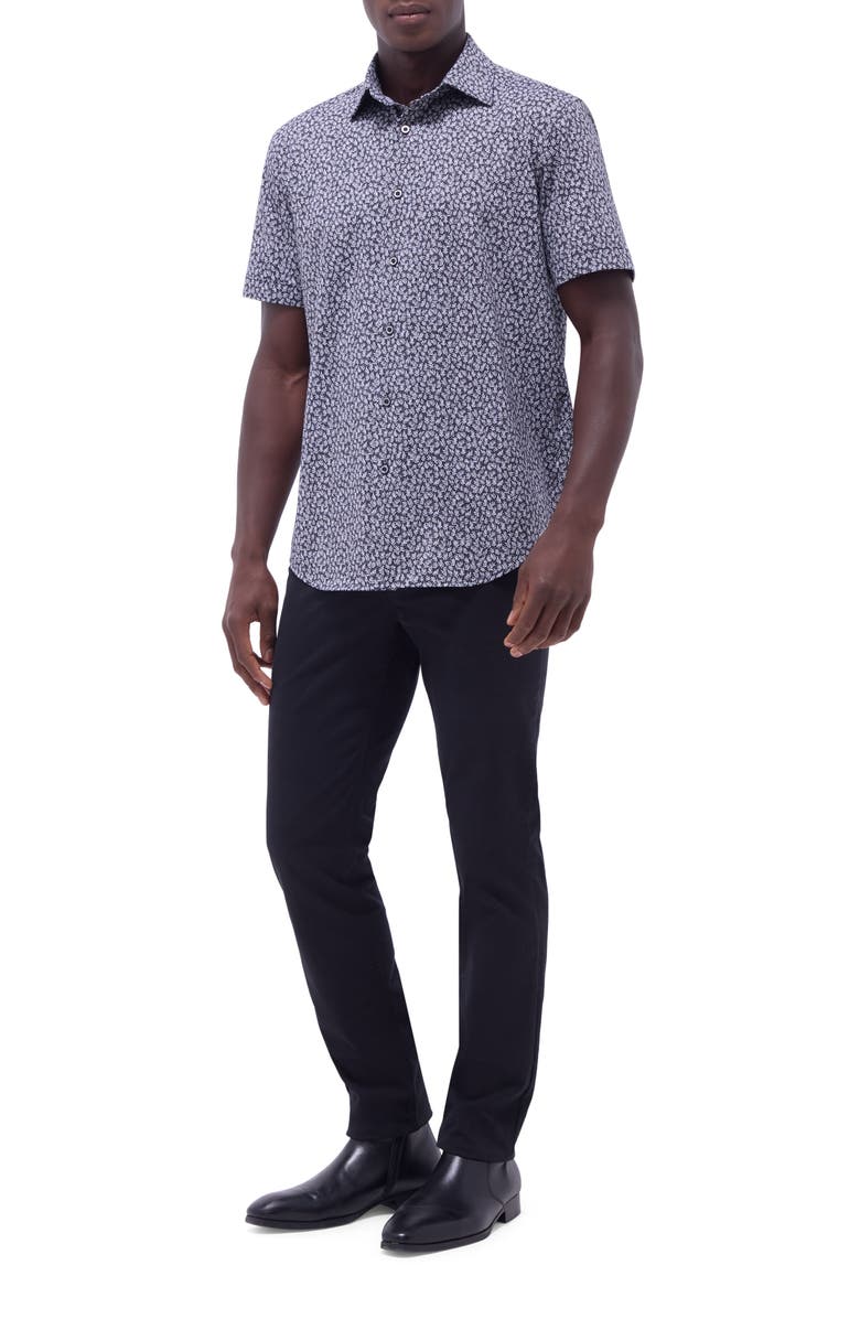 Bugatchi Miles OoohCotton<sup>®</sup> Leaf Print Short Sleeve Button-Up Shirt, Alternate, color, Black