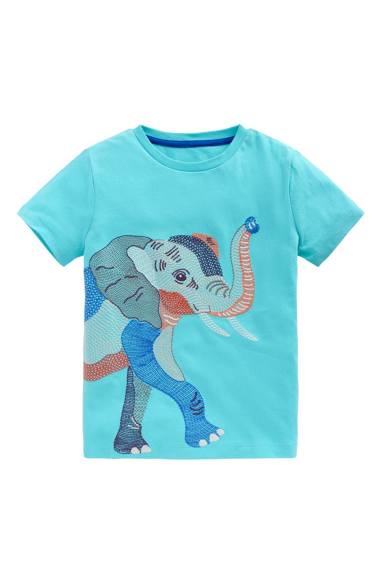 Mini Boden Kids' Elephant Superstitch Cotton T-Shirt, Main, color, Aqua Elephant